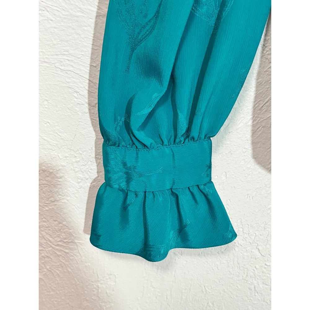 Bethany Classics Blouse Womens XL Teal Ruffle Neck Jacquard Long Sleeve - Picture 5 of 9